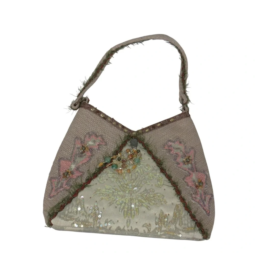 Mary Frances Beaded Sequin Shoulder Bag Beige Gold Floral Tassel Boho 3649